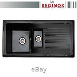Reginox RL401CB 1.5 Bowl Black Gloss Ceramic Kitchen Sink With Waste & Fittings