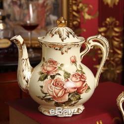 Rose Pattern Porcelain Tea Coffee Set Teapot Sugar Bowl Creamer Cups Tray 8 Pcs
