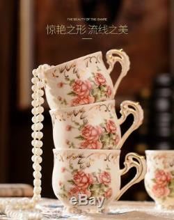 Rose Pattern Porcelain Tea Coffee Set Teapot Sugar Bowl Creamer Cups Tray 8 Pcs