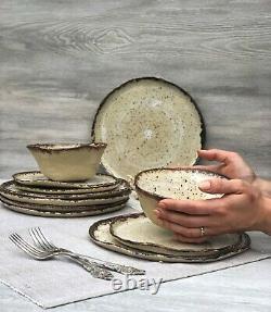 Rustic Ceramic Dinnerware Set of Dessert, Dinner Plates and Soup, Serving Bowls