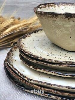 Rustic Ceramic Dinnerware Set of Dessert, Dinner Plates and Soup, Serving Bowls