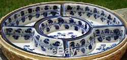Serving Bowls Ceramic Chip N Dip 7 Pc Blue & White with Golden Rattan Basket Cover
