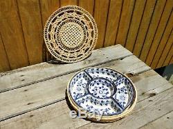 Serving Bowls Ceramic Chip N Dip 7 Pc Blue & White with Golden Rattan Basket Cover