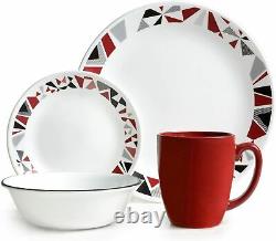 Set Dinnerware 16 PCs Plate Bowl Dinner Service Modern Red Mosaic Art Style NEW