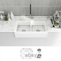 Sinber 33 White Ceramic Double Bowl Apron farmhouse Kitchen Sink With Strainer