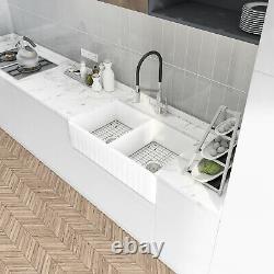 Sinber 33 White Ceramic Double Bowl Apron farmhouse Kitchen Sink With Strainer