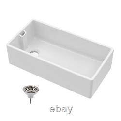 Single Bowl Fireclay Ceramic Belfast Kitchen Sink & Basket Strainer Waste, 895mm