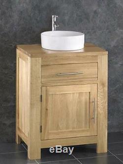 Solid Oak Bathroom 60cm Wide Vanity Furniture Unit Sink Cabinet Ceramic Bowl