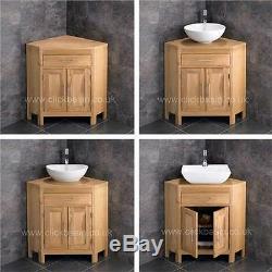 Solid Oak Corner Bathroom Large Vanity Unit Cabinet Ceramic Bowl Basin Multi Set