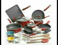 The Pioneer Woman 30pc Cookware Set Red with ceramic bowls and spoons