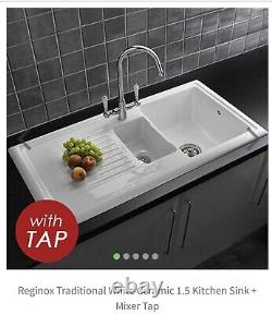 Tradtional white ceramic kitchen sink, 1.5 bowl and drainer with mixer tap