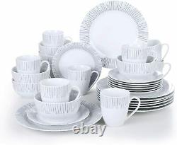 VEWEET 32pcs White Dinner Plate Set Porcelain Cereal Bowls Coffee Mugs Tableware