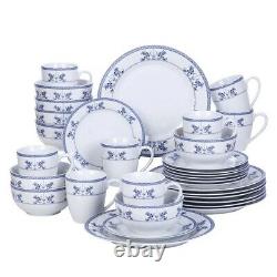 VEWEET Delia 32 Piece Ceramic Porcelain Dinner Dinnerware Set Plate Bowls Blue