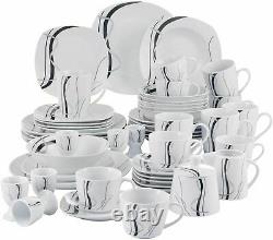 VEWEET Fiona 50x Black Strips Porcelain Dinner Set Cup Saucer Plate Cereal Bowls