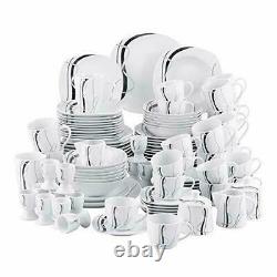 VEWEET Fiona 50x Black Strips Porcelain Dinner Set Cup Saucer Plate Cereal Bowls