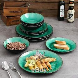 Vancasso 24pcs Dinnerware Bowl Dinner Dessert Plates Set Stoneware Vintage Green