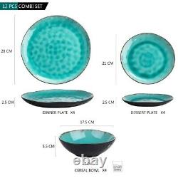 Vancasso Aqua Blue 12pcs Set Dinner Stoneware Dish Dessert Plates Cereal Bowls