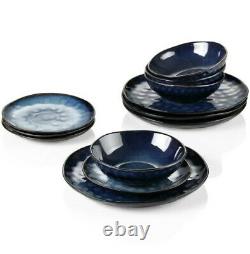 Vancasso Blue 12pc Set Dinner Stoneware Serving Dish Dessert Plates Cereal Bowls