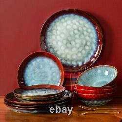 Vancasso Star Red 24PCS Set Dinner Stoneware Dish Dessert Plates Cereal Bowls