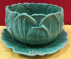 Waterlily-Shaped, Majolica Salad / Soup & Pitcher Set Aegitna Ceramiques, France