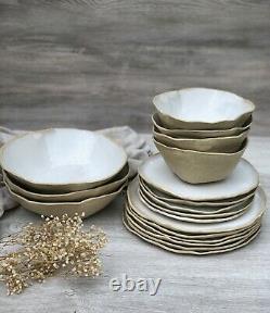 White Ceramic Dinnerware Set of Dessert, Dinner Plates, Soup Serving Salad Bowls