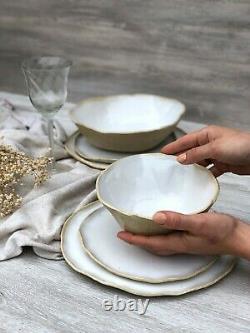 White Ceramic Dinnerware Set of Dessert, Dinner Plates, Soup Serving Salad Bowls