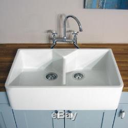 White Double Bowl Gloss Ceramic Farmhouse Belfast Butler Kitchen Sink & Waste