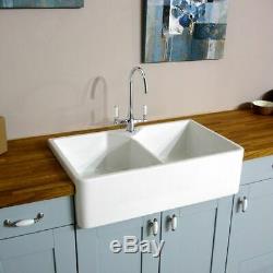 White Double Bowl Gloss Ceramic Farmhouse Belfast Butler Kitchen Sink & Waste